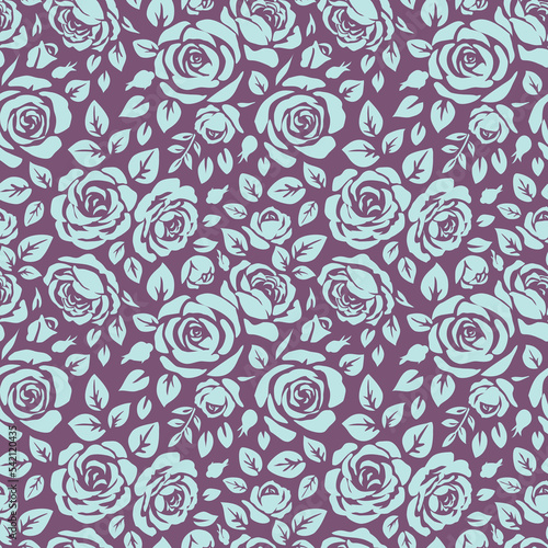 Seamless pattern with beautiful vintage rose and decorative leaf silhouette. Wallpaper with blue flower in old antique style on violet background. Vector stock illustration