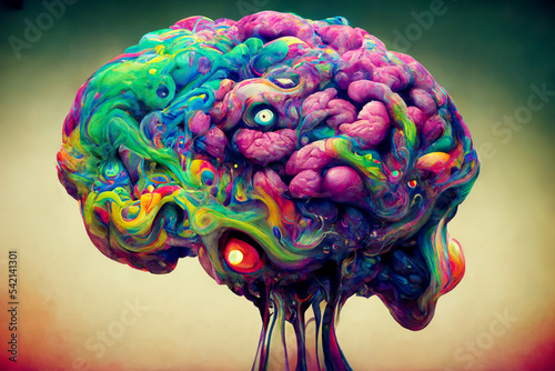 Abstract painting. Humans brain in acid colors. 2D illustration