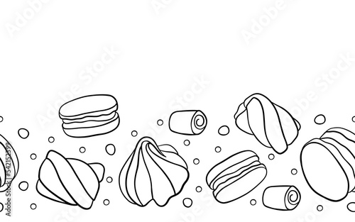 Candy_horizontal_patternPastry doodle background pattern. Hand drawn cakes wallpaper. Isolated objects on white.