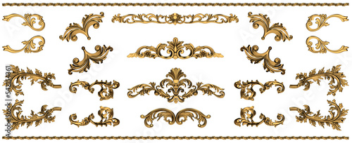 Decorative noble golden vintage style ornamental stucco and plaster embellishment elements for anniversary, jubilee and festive designs