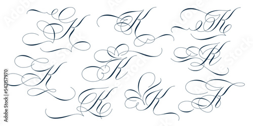 Set of beautiful calligraphic flourishes on capital letter K isolated on white background for decorating text and calligraphy on postcards or greetings cards. Vector illustration.