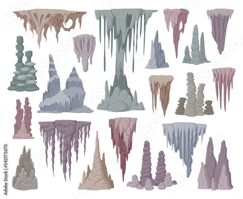 Stalagmite and stalactite limestone stones. Cartoon growth stalagmite formations, underground stalactite icicles flat vector illustration collection. Natural cave rocks set