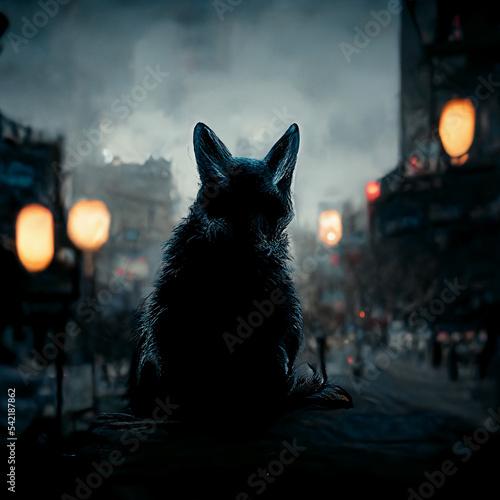 A beautiful wolf hunting prey. Dangerous animal in the city. A lone wolf in the city. Dark city at night. The dark wolf goes out to hunt.