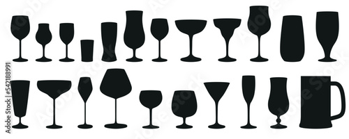Silhouettes of various glasses isolated on white background. Vector illustration