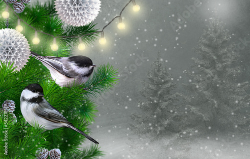 Christmas, New Year's winter holiday background, two birds white tits sit on a spruce branch, decorations, Christmas toys, luminous garland, light bulbs, snowy evening forest, 3d rendering