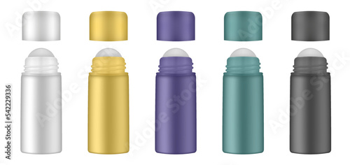 Set of roller ball bottles. Body antiperspirant deodorant roll-on, open blank bottles with screw cap. Realistic vector mockup. Roller Applicator. White, yellow, black, purple and green containers