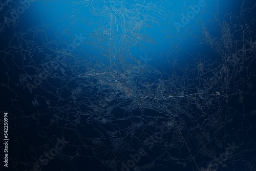 Street map of Tbilisi (Georgia) engraved on blue metal background. View with light coming from top. 3d render, illustration