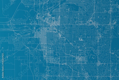 Map of the streets of Lincoln (Nebraska, USA) made with white lines on blue background. 3d render, illustration