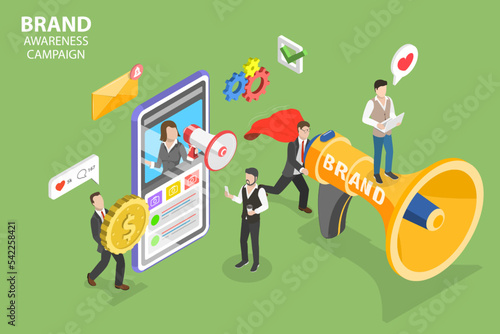 3D Isometric Flat Vector Conceptual Illustration of Brand Awareness Campaign, Online Branding and Marketing