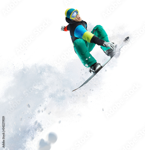 Snowboarder jumping through air with isolated background. Winter Sport transparent background.