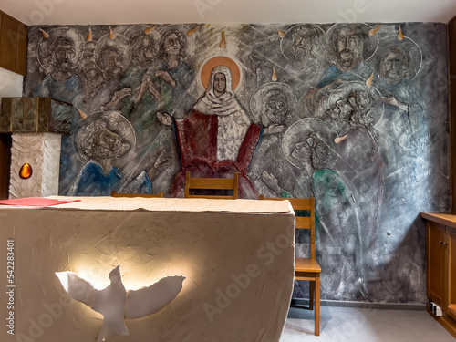 Swieta Katarzyna, Poland, October 16, 2022: Chapel in the "Cenacle" Retreat House of the Pallottine Fathers with a decoration depicting Mary with the apostles during Pentecost