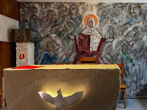 Swieta Katarzyna, Poland, October 16, 2022: Chapel in the "Cenacle" Retreat House of the Pallottine Fathers with a decoration depicting Mary with the apostles during Pentecost