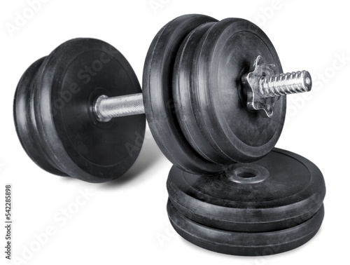 Dumbbell and barbell discs isolated on white background