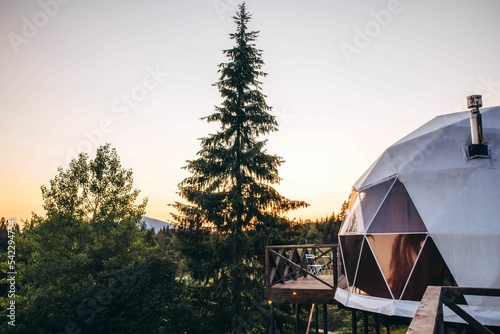 Landscape view of the forests and Dome Hotel "Sky Pod" in the Ivano-Frankivsk region, Ukraine