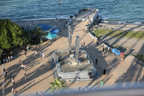 Batumi, Georgia - October 12, 2022: Ali and Nino sculpture near sea, above view