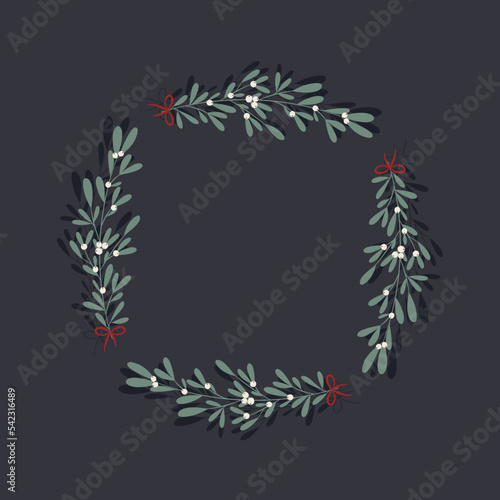 Ramka w prostym stylu. Botaniczny wzór z gałązkami jemioły i jagodami do wykorzystania na zaproszenia, świąteczne życzenia, kartki z okazji Bożego Narodzenia lub Nowego Roku.