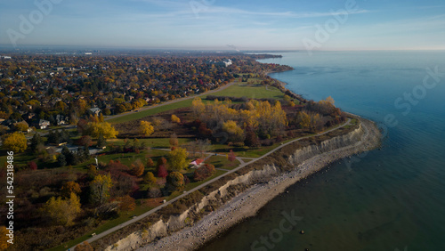 Aerial high angle view of the waterfront trail near Rotary Park in Ajax Ontario