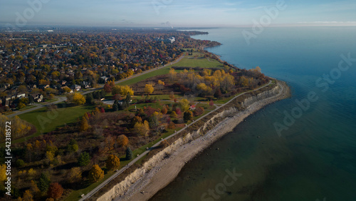 Aerial high angle view of the waterfront trail near Rotary Park in Ajax Ontario