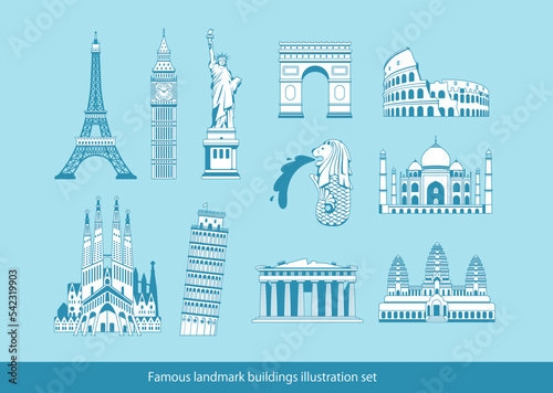 World famous buildings vector illustration set ( world heritage ) | Statue of liberty, Eiffel tower, Sagrada Familia etc
