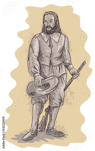 illustration of a Pilgrim standing holding a musket rifle