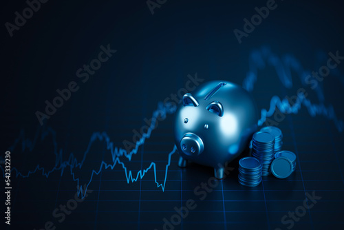 Money piggy bank on banking investment stock financial business graph 3d background of economy finance coin savings profit cash currency and growth exchange trade chart deposit wallet account concept.