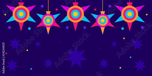 las posadas background. Vector web banner, poster, card for social media, networks with copy space. Text las posadas, pinata mexican star on blue background. Hispanic tradition, chistmas selebration.