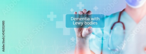 Dementia with Lewy bodies (Lewy body dementia). Doctor holds virtual card in hand. Medicine digital