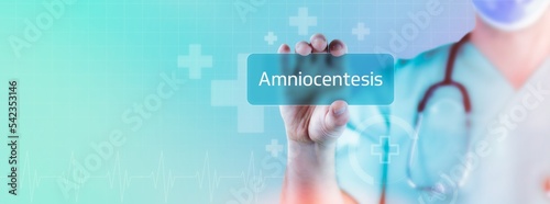 Amniocentesis. Doctor holds virtual card in hand. Medicine digital
