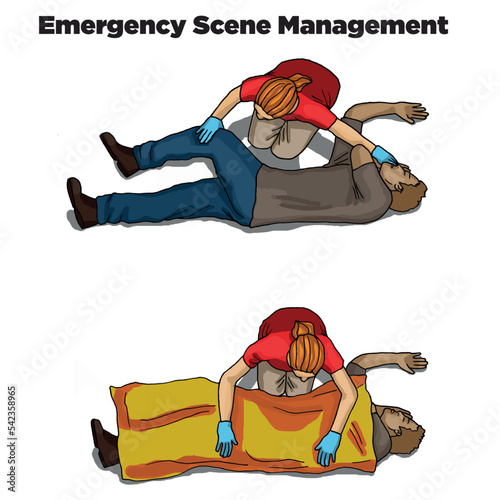 Vector illustration shows Recovery position (first aid).