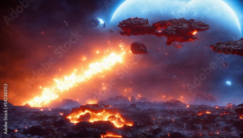illustration space scene with a bunch of lava and a blue planet in the background with a red glow coming from the lava