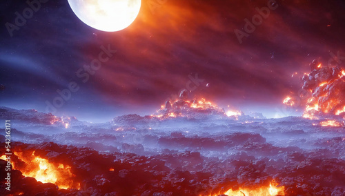 illustration of distant planet surface with a large amount of lava burning in the sky with bright red and orange lights on it and a crescent in the distance