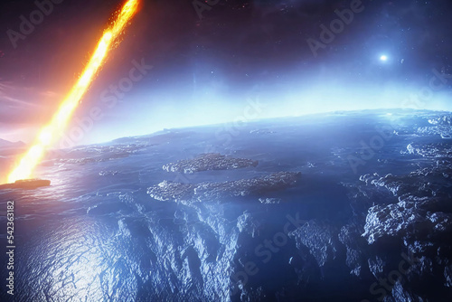 illustration of a rocket is flying from a planet in space with a bright orange streak of light coming from it's center