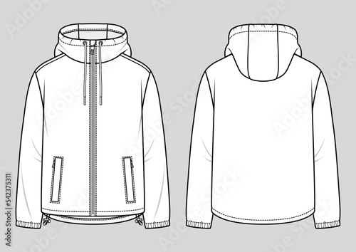 Men's hooded windbreaker jacket. Fashion sketch. Flat technical drawing. Vector illustration.