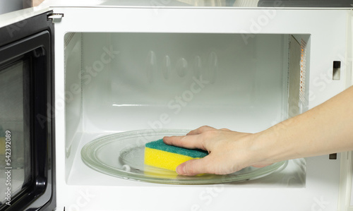 Close-up of female hand cleaning microwave oven with sponge. Concept of cleanliness and organization of order in the house