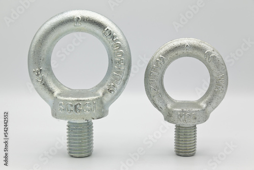 Galvanized metal with metric 20 and 24 eye bolt, CE certified in accordance with European standards, isolated on white background