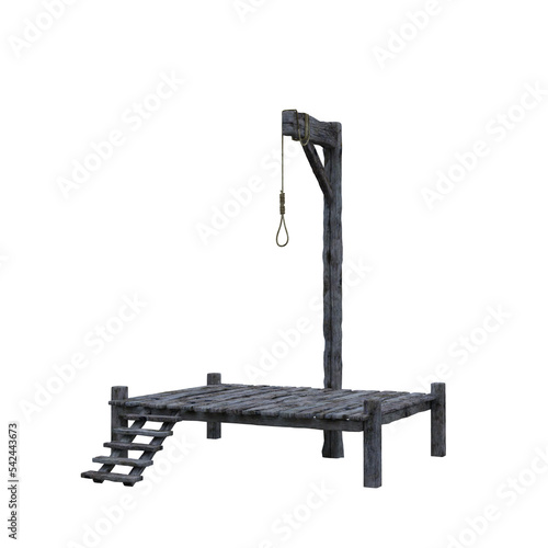 3D illustration of a wooden gallows with single noose isolated on transparent background.