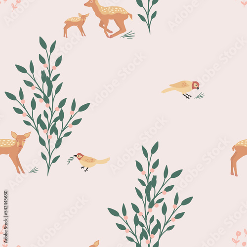 Vector pattern with fawns and birds pink