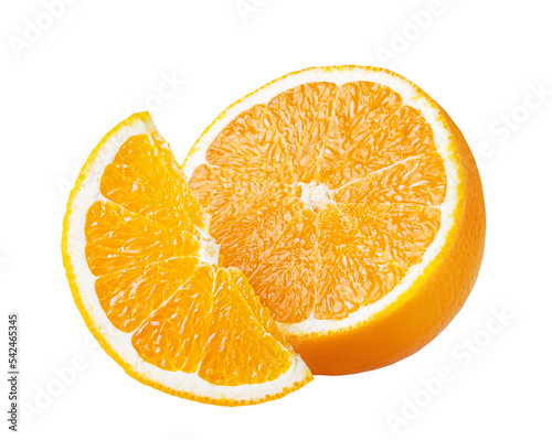 Orange citrus fruit isolated on white or transparent background. Two orange fruits cut half and slice 