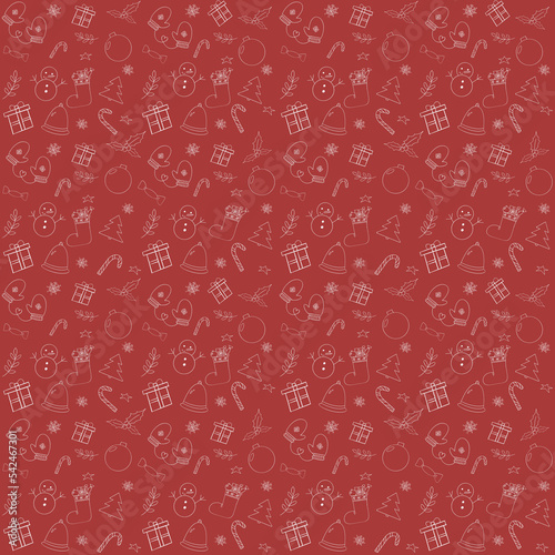 Cute Christmas motives seamless pattern on red background