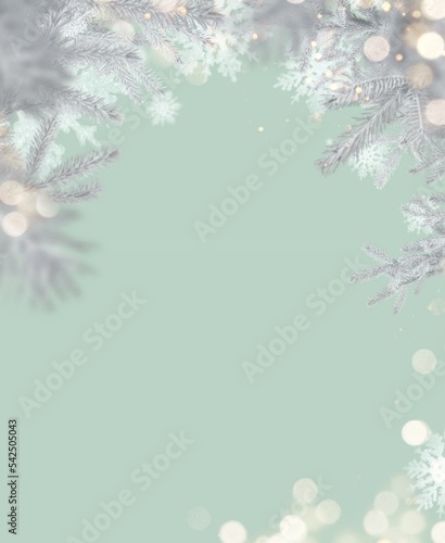Winter frame with Snowflakes and fir tree branches with copy space for design 