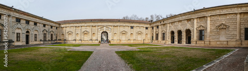 Extra wide angle view of the beautiful facade of the famous Palazzo Te in Mantua