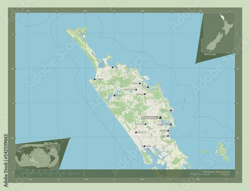 Northland, New Zealand. OSM. Labelled points of cities