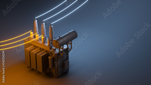 Electric transformer on a dark background with neon glowing wires. Template with copy space for electrical theme. 3d render