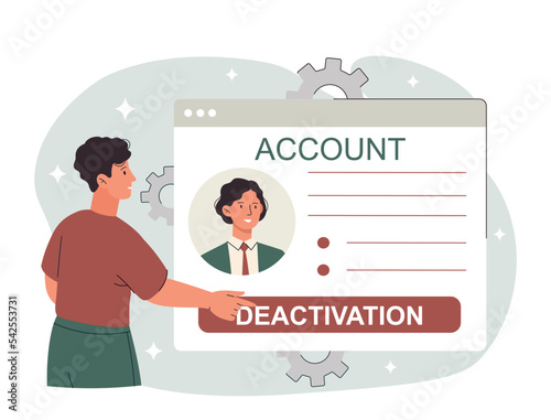 Account deactivation concept. Young guy deletes profile from website. Modern technologies and digital world. Protection of personal data and security on Internet. Cartoon flat vector illustration