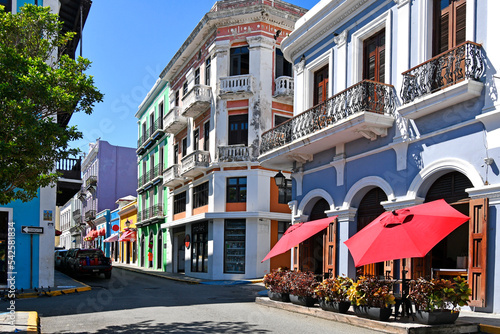 Historic colonial buildings in downtown Old San Juan the capital on the island of Puerto Rico, United States. 