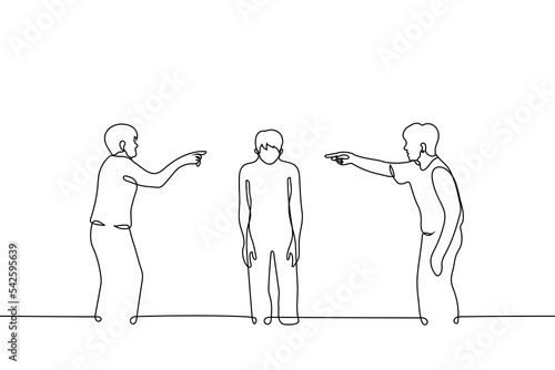 man is surrounded by people pointing fingers at him - one line drawing vector. concept bullying