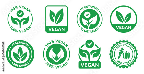 Vegan icon set. Bio, organic and healthy food symbol. Vegetarian and vegan label icon collection. Vector illustration.