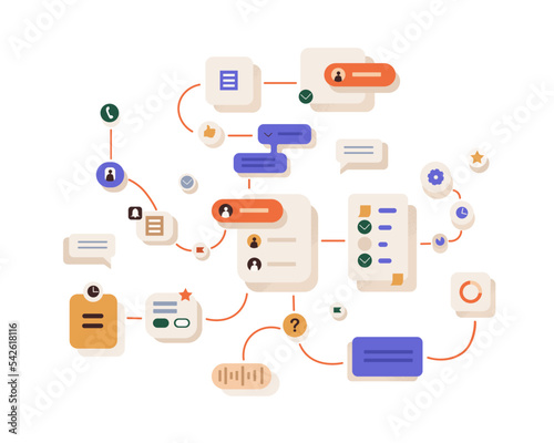 Workflow, work organization concept. Project management process, abstract business system network, scheme with connections, interactions, tasks. Flat vector illustration isolated on white background