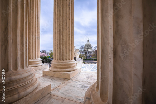 United States Supreme court marble pillars and US Congress cupola view