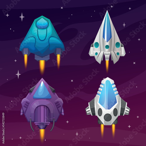 Set of cartoon space starships for various games, video game, poster, banners concept, Vector spacecraft rockets, space craft ships, fantasy vehicles with jet engine, spacecrafts from alien invaders, 